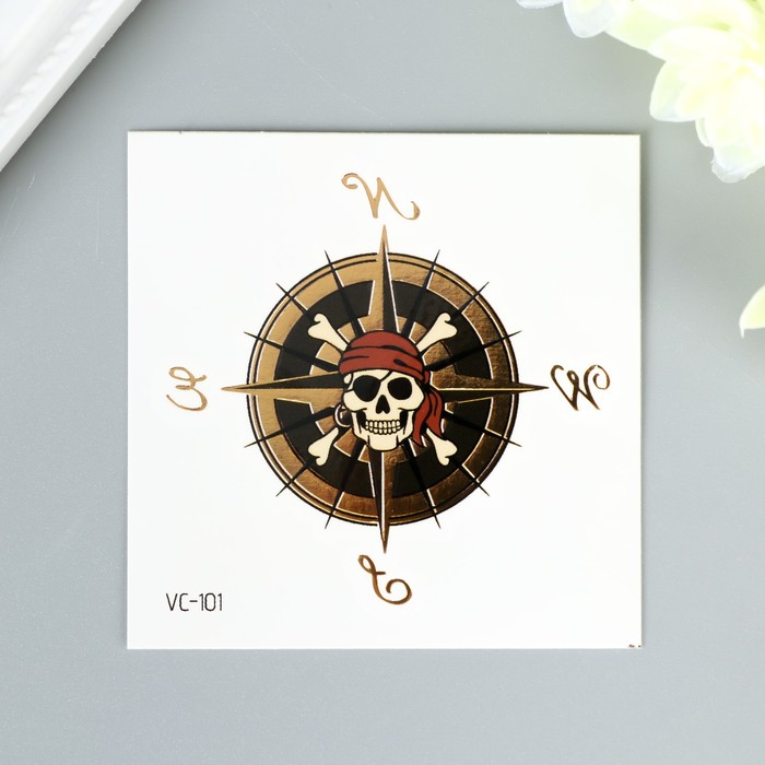 

Татуировка на тело цветная с золотом "Компас с черепом" 5х6 см