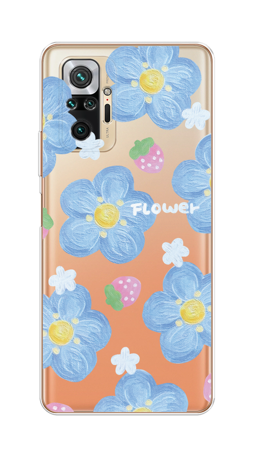 

Чехол на Redmi Note 10 Pro "Цветы и клубники", Прозрачный;голубой;белый, 310050-1
