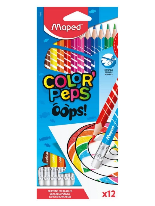фото Карандаши цветные с ластиком пластиковые, 12 цветов,картонный футляр maped color'peps oops