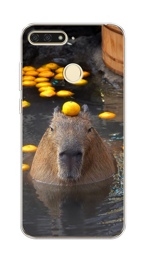 

Чехол на Honor 7C/7A Pro/Huawei Y6 Prime 2018 "Капибара отдыхает", Коричневый;оранжевый;серый, 64550-1