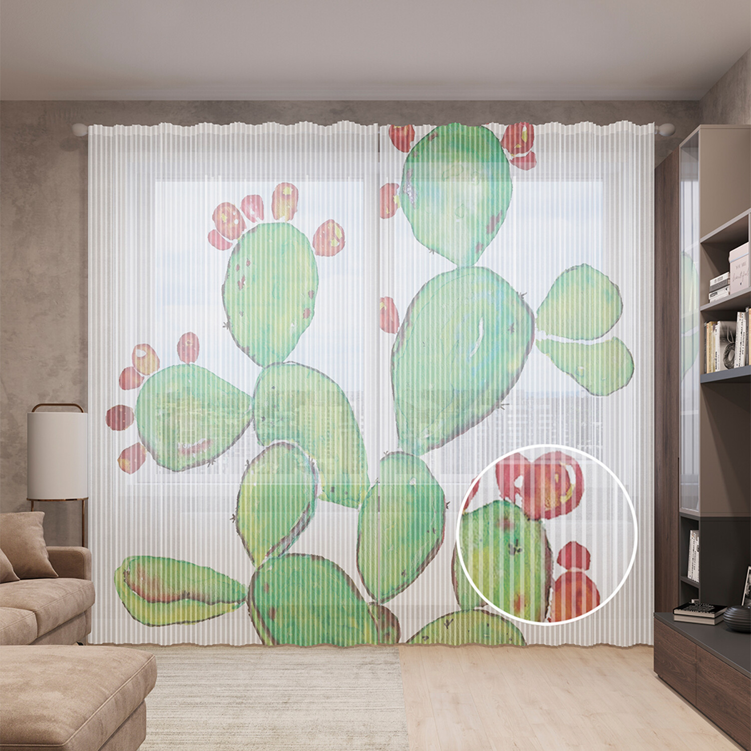 

Тюль вуаль на шторной ленте с принтом JoyArty "Кактус опунция", 310х265 см, Кактус опунция