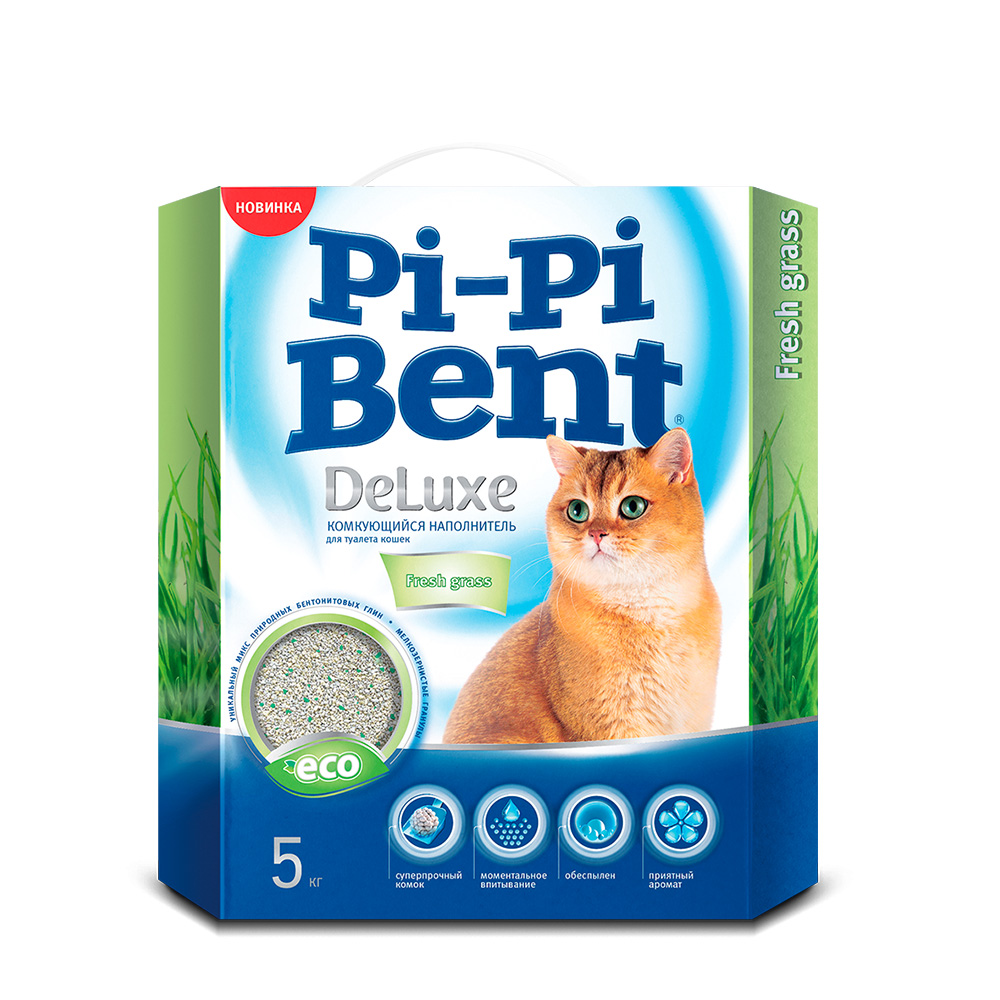 Комкующийся наполнитель Pi-Pi Bent DeLuxe Fresh Grass бентонитовый, 5 кг