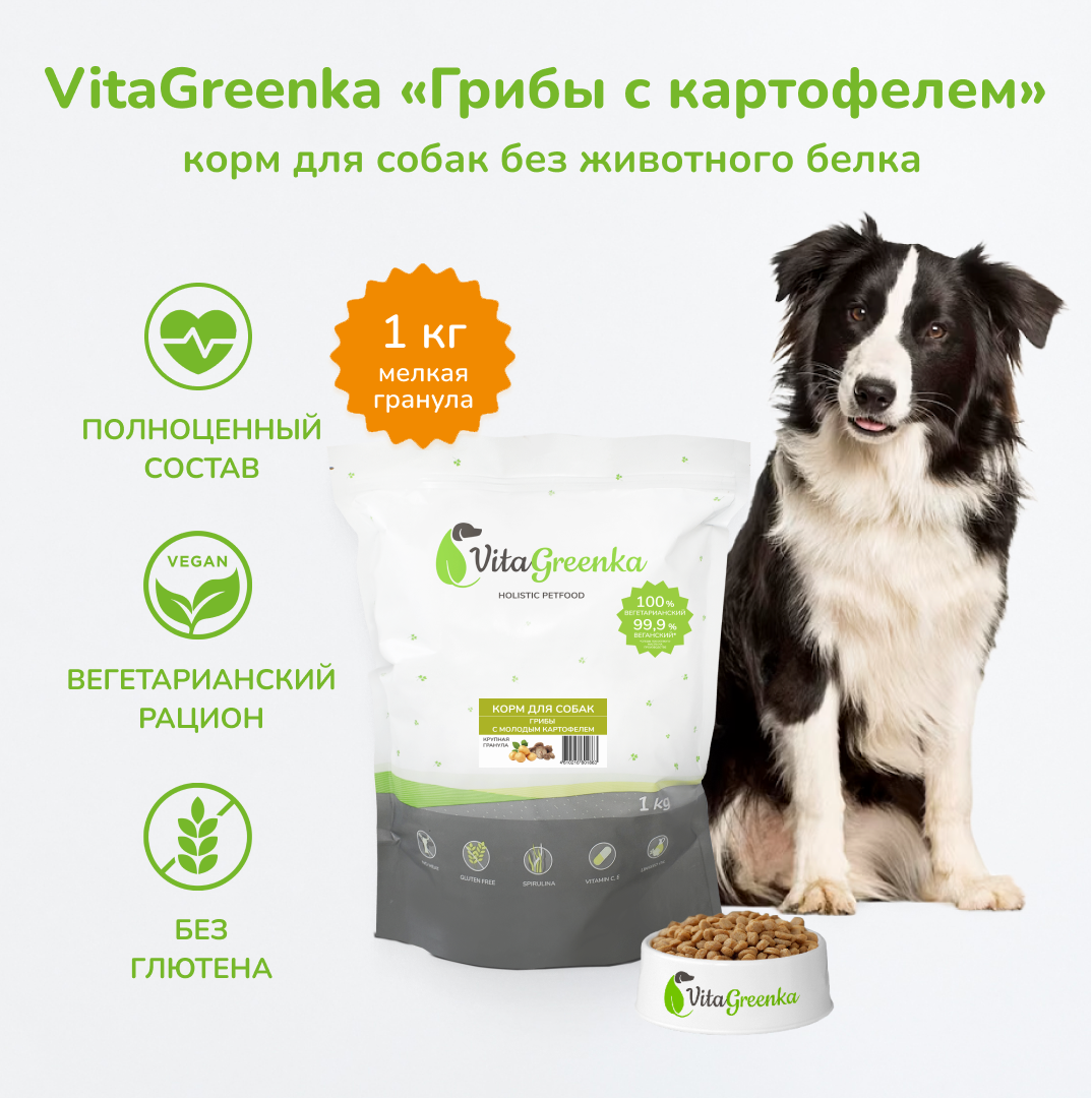 

Сухой корм для собак VitaGreenka, мелкая гранула, грибы с молодым картофелем, 1 кг, грибы с молодым картофелем