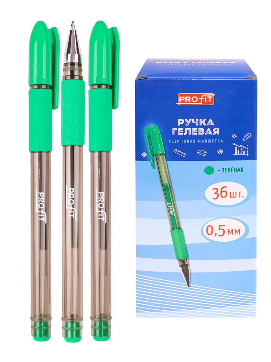 Ручка Profit РГ-6837 зеленая d=0.5, полупрозрачный корпус, резиновый держатель, 36 штук