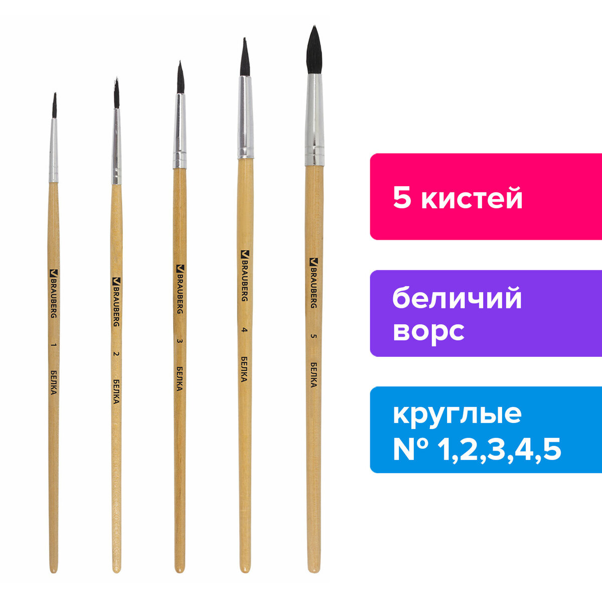 

Кисти/кисточки для рисования Brauberg, набор из 5 шт., (беличья круглая № 1,2,3,4,5), Бежевый, 244
