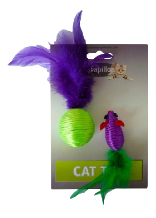 Игрушка для кошек Papillon Мышка и мячик с перьями, зеленый, синий, фиолетовый, 5 см, 2 шт