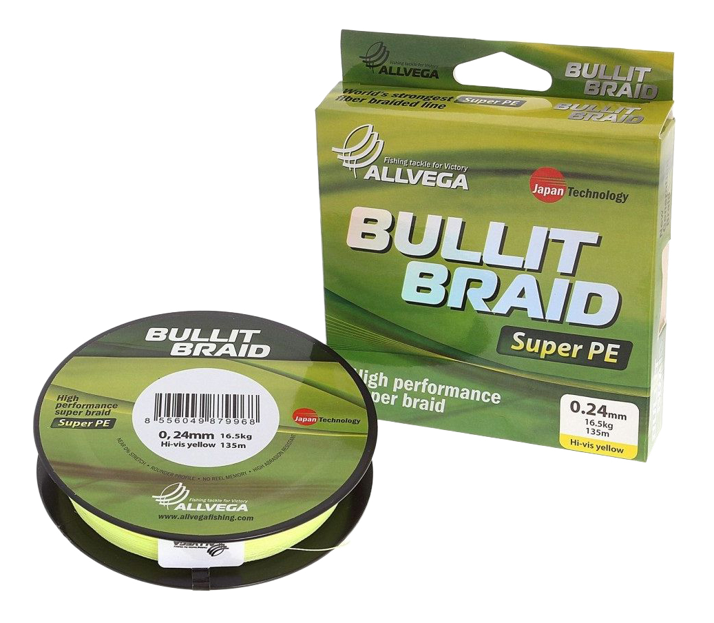 Леска плетеная Allvega Bullit Braid 0,24 мм, 135 м, 16,5 кг, yellow