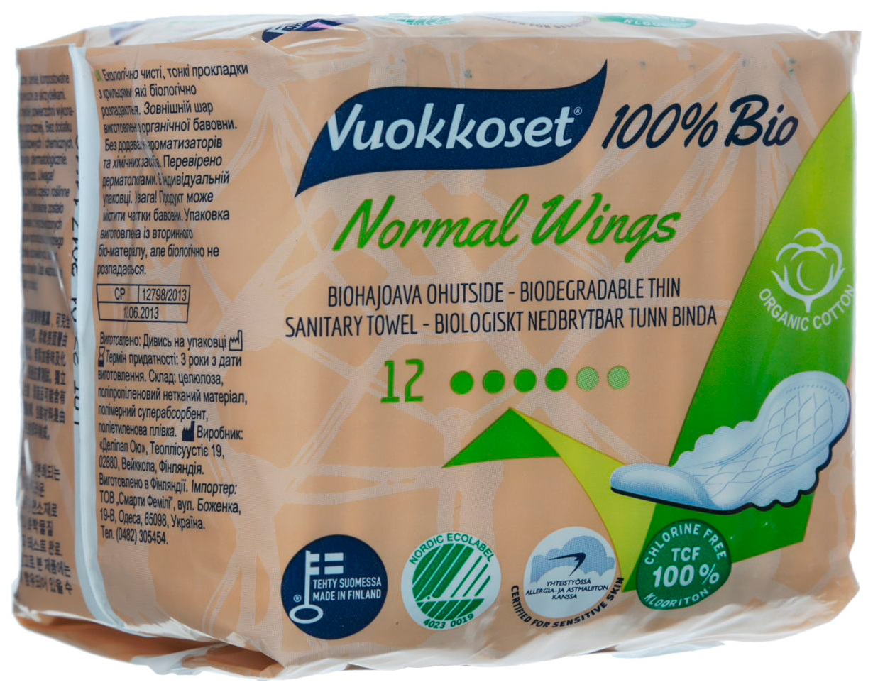 

Прокладки Vuokkoset 100% Bio Normal 12 шт, Normal
