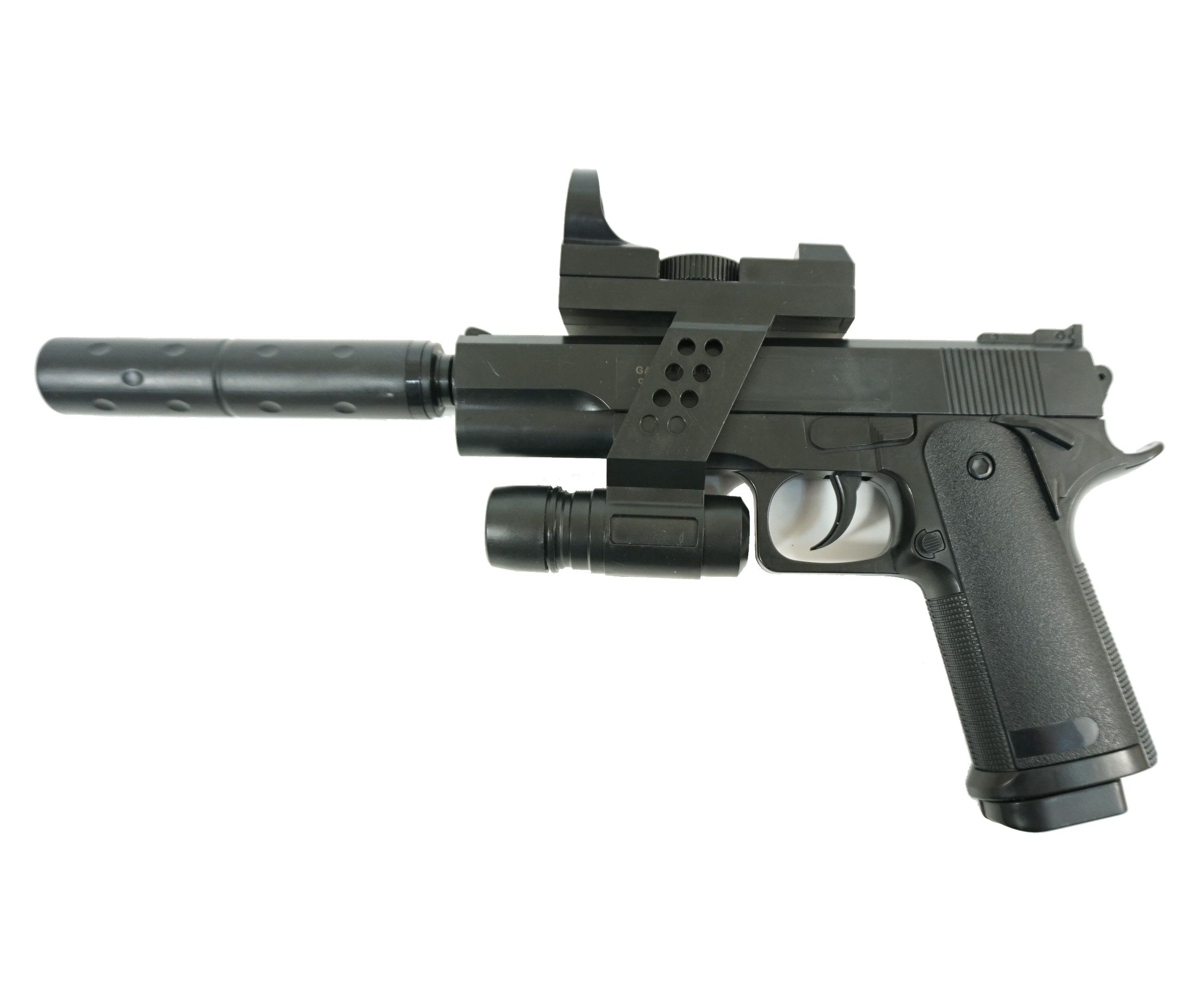 

Страйкбольный пружинный пистолет Galaxy (кал. 6 мм) G.053A (Кольт 1911 Classic), G.053A (Кольт 1911 Classic) пластик с имитацией глушителя и ЛЦУ