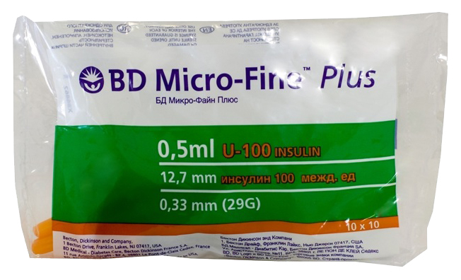Шприц инсулиновый BD Micro-Fine Plus 0,5мл 0,33 x 12,7 мм 100 шт.
