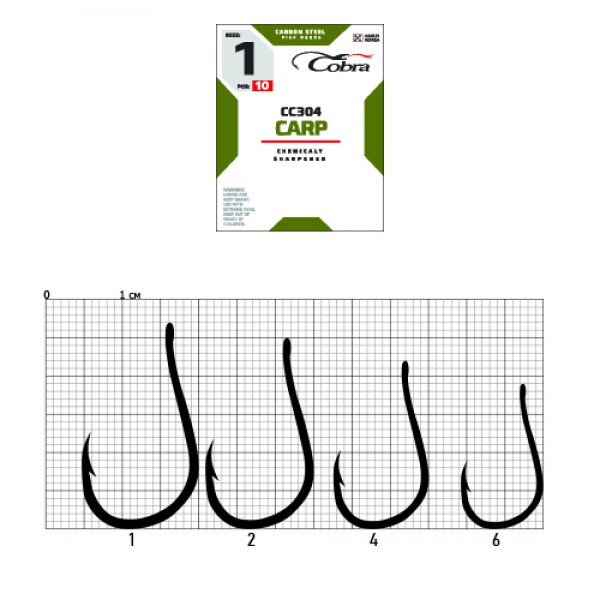 

Рыболовные крючки Cobra Carp CC304 №2, 10 шт., Черный, Carp CC304