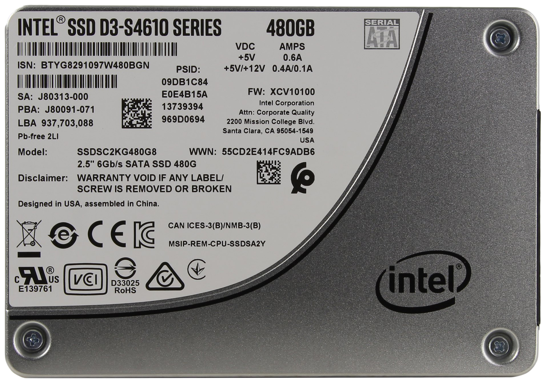

SSD накопитель Intel D3-S4610 2.5" 480 ГБ (SSDSC2KG480G801), D3-S4610