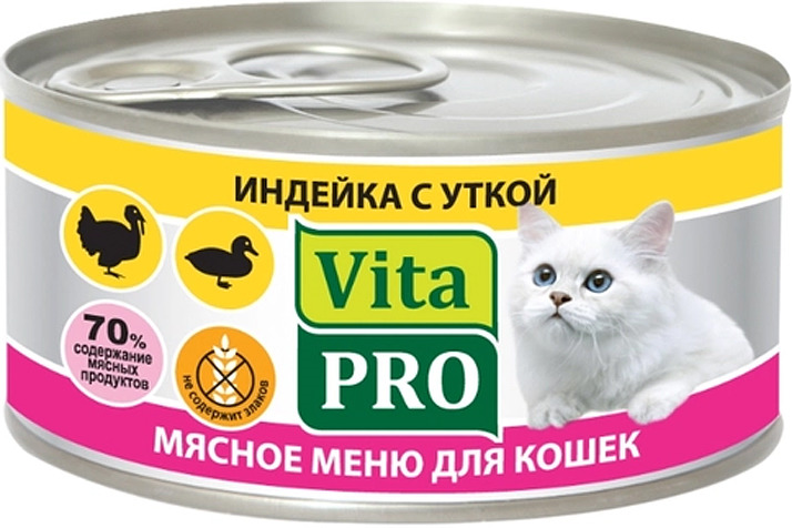 фото Консервы для кошек vitapro мясное меню, с индейкой и уткой, 100г