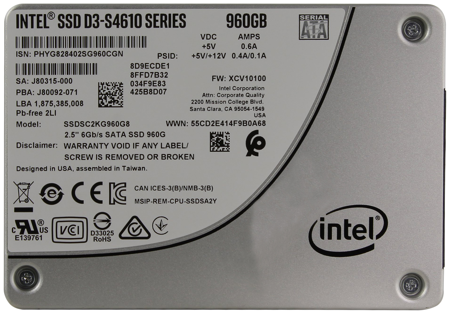 

SSD диск Intel DC D3-S4610 960ГБ (SSDSC2KG960G801), DC D3-S4610