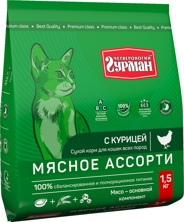 

Сухой корм для кошек Четвероногий Гурман, мясное ассорти с курицой, 1,5кг, курица 1,5 кг