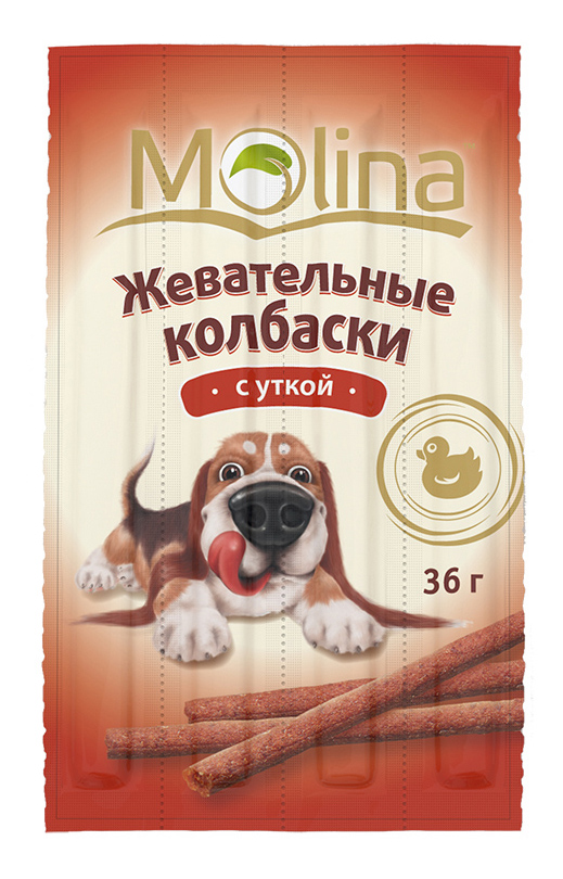 фото Лакомство для собак molina, жевательные колбаски, палочки, утка, 36г