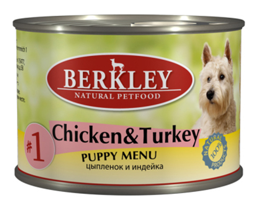 

Консервы для щенков Berkley Puppy Menu, цыпленок, индейка, 200г, Menu