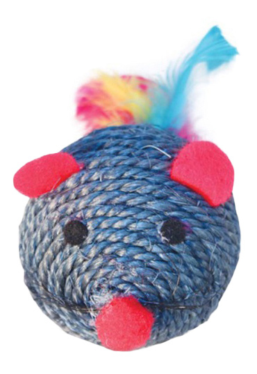 Мяч для кошек Triol Мяч-мышка перья, сизаль, красный, синий, 6.5 см