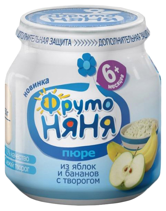 

Пюре фруктовое ФрутоНяня из яблок и бананов с творогом 100 г, 1 шт., Яблоко-банан-творог