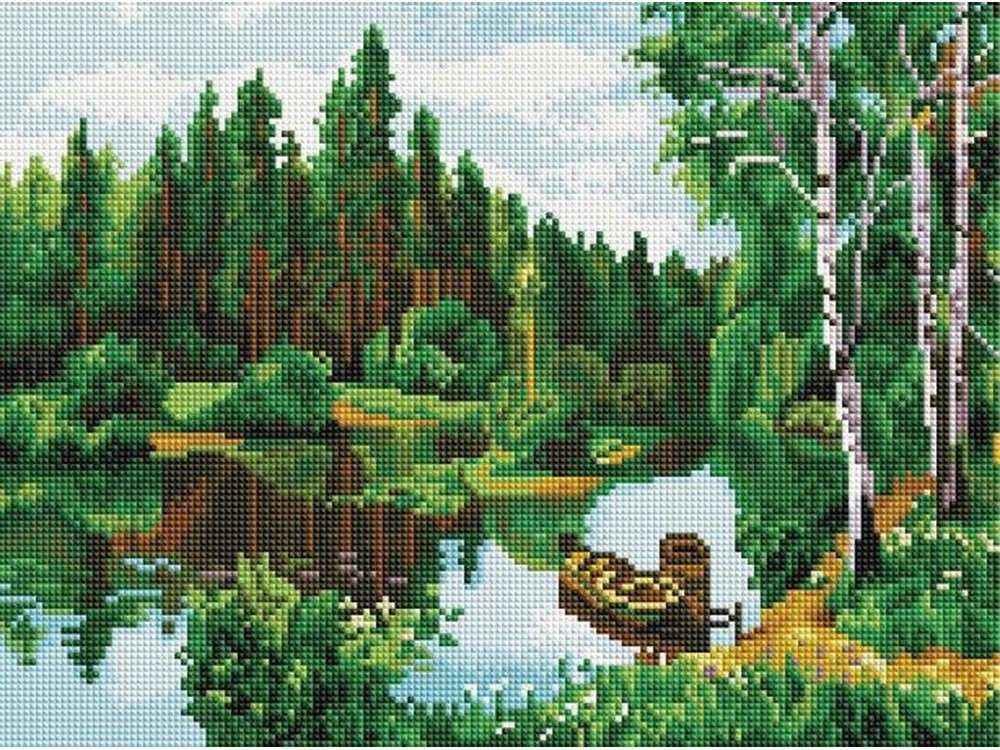 фото Алмазная вышивка painting diamond лодки на озере, 30x40 см
