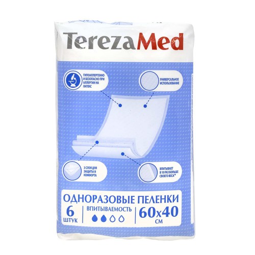 

Пеленки одноразовые TerezaMed 60х40 см 6 шт., ПЕЛЕНКИ ОДНОРАЗОВЫЕ 60Х40 СМ 6 ШТ