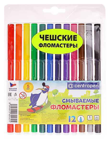 

Фломастеры смываемые Centropen Washable 7790/12, 1.0 мм, 12 цветов, в блистере Centropen, Голубой;желтый;зеленый;коричневый;красный;оранжевый;розовый;серый;синий;фиолетовый;черный