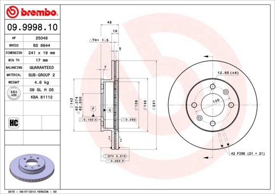 фото Тормозной диск brembo 09999810