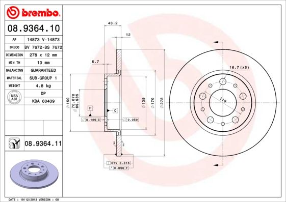 фото Тормозной диск brembo 08.9364.11