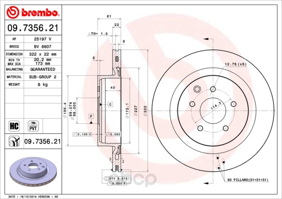 фото Тормозной диск brembo задний для 09735621