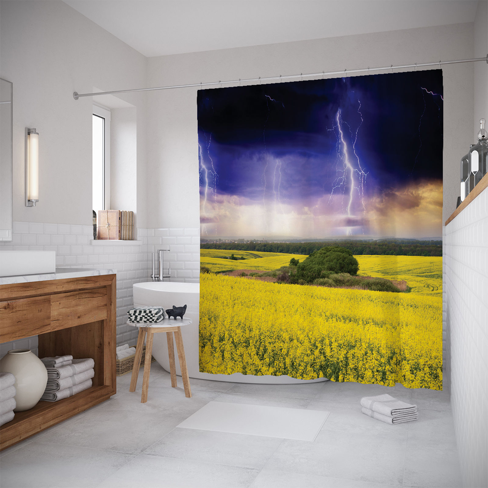 

Штора для ванной JoyArty «Грозовое небо над цветущим полем» 180x200, Желтый