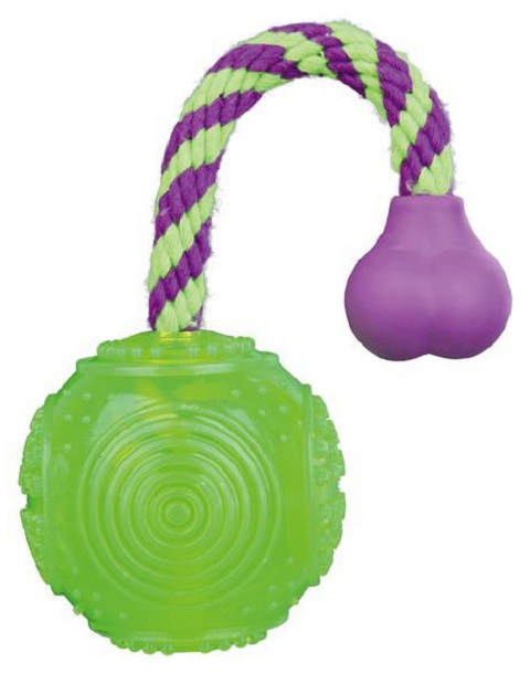 фото Апорт для собак trixie мяч на веревке плавающий, зеленый, синий, 7/25 см