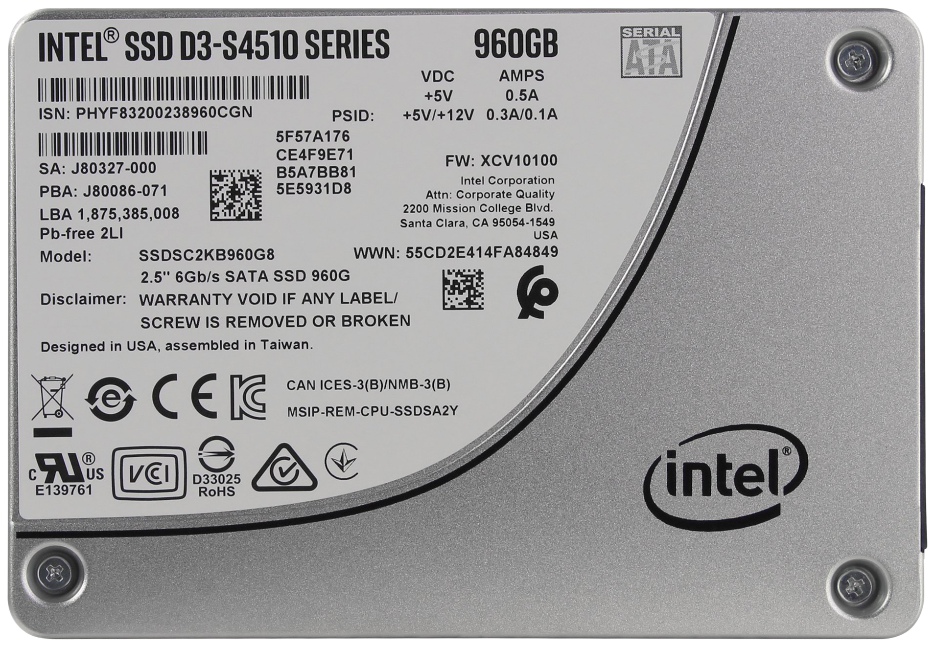 

SSD диск Intel D3-S4510 960ГБ (SSDSC2KB960G801), D3-S4510