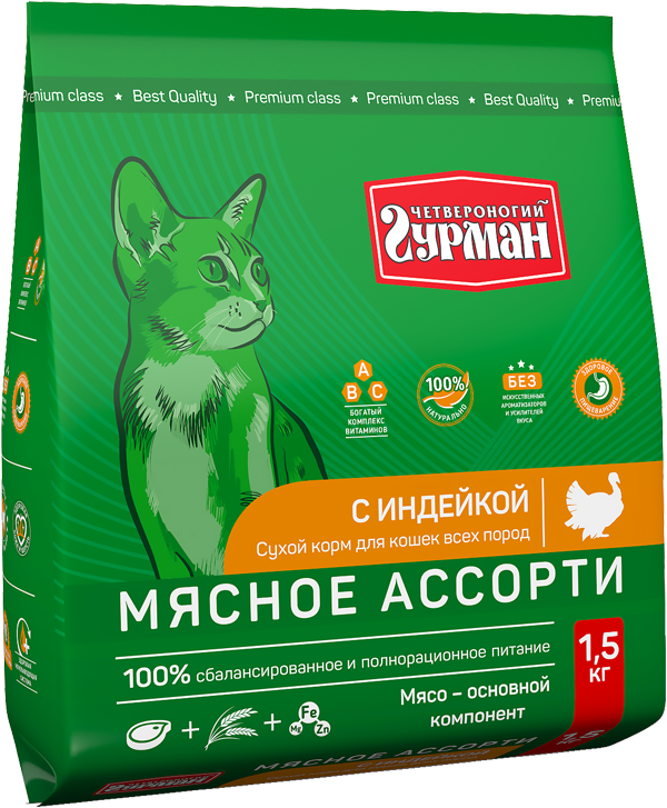 

Сухой корм для кошек Четвероногий Гурман, мясное ассорти с индейкой, 1,5кг, индейка 1,5 кг