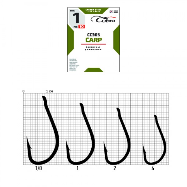 

Рыболовные крючки Cobra Carp CC305 №2, 10 шт., Черный, Carp CC305
