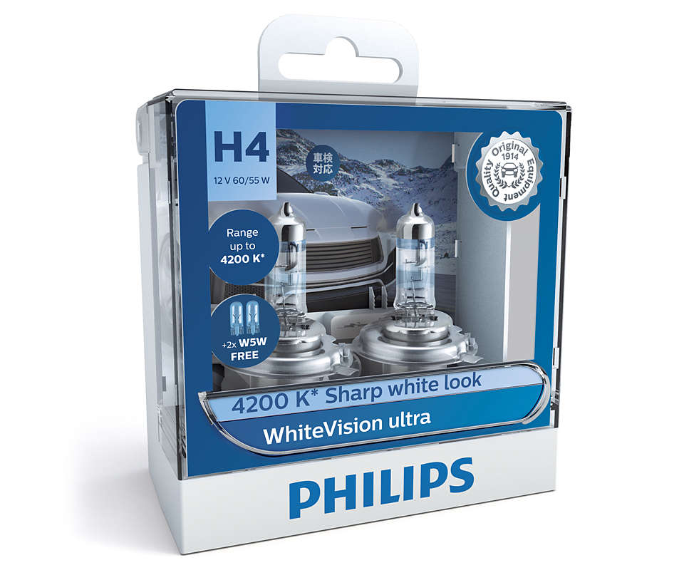 Галогенная лампа Philips H4 (60/55W 12V) WhiteVision Ultra + W5W 2шт 12342WVUSM