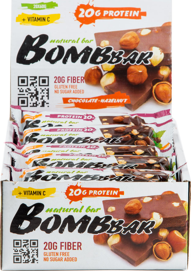 фото Протеиновый батончик bombbar natural bar 20 шт x 60 г шоколад-фундук