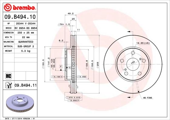 фото Тормозной диск brembo 09.b494.11