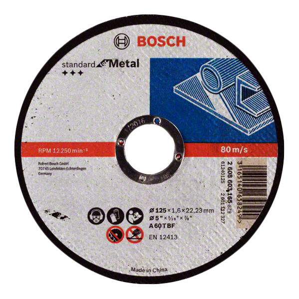 фото Диск отрезной абразивный bosch standard по мет, 125х1,6 прям 2608603165