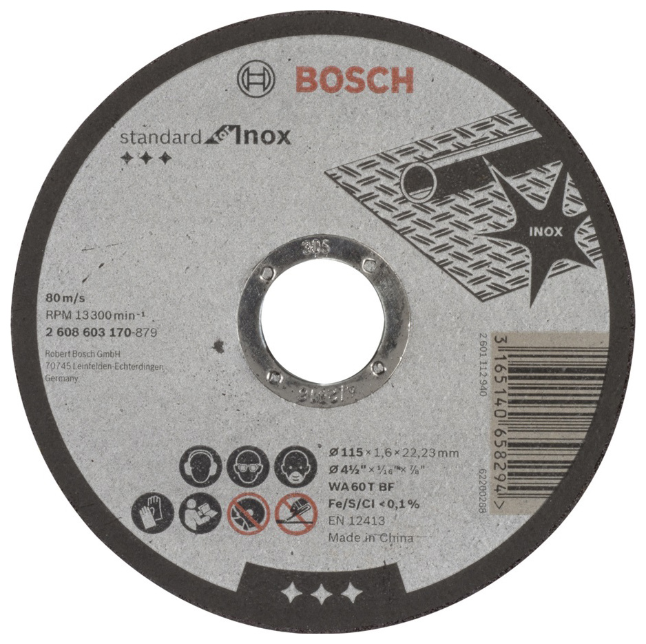 Диск отрезной абразивный Bosch Standard по нерж 115х1,6 прям 2608603170
