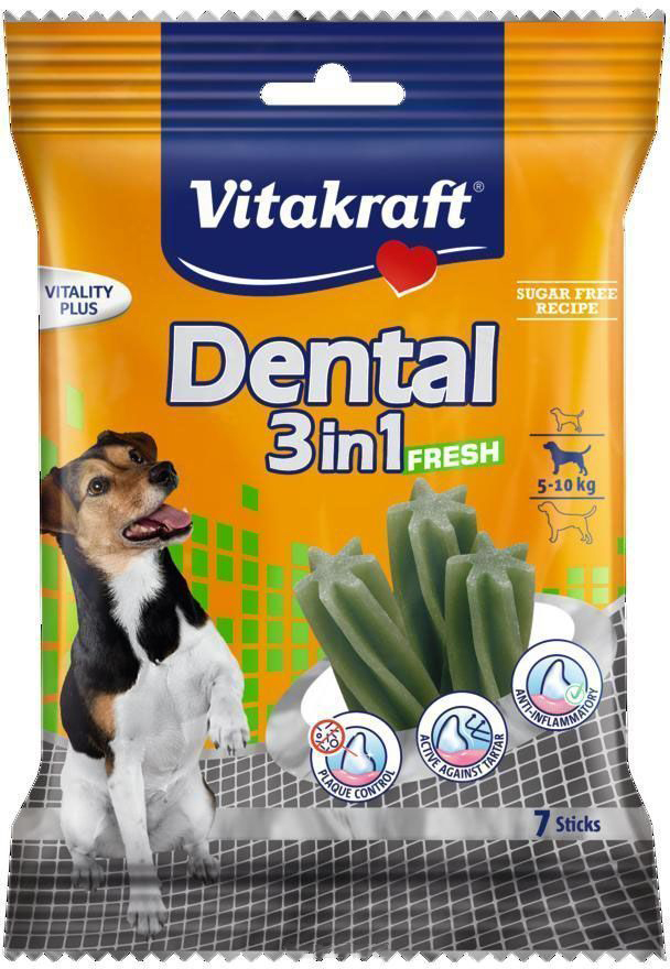 

Лакомство для собак Vitakraft Dental 3in1 Fresh, палочки, для средних пород, 90г, Dental 3in1 Fresh палочки, мясо, 90г