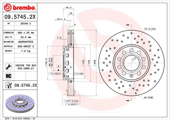 фото Тормозной диск brembo 09.5745.2x