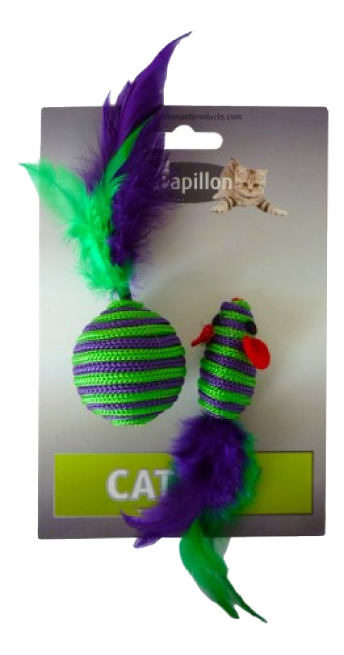 фото Игрушка для кошек papillon мышка и мячик с перьями вязаные, зеленый, фиолетовый, 5 см 2 шт