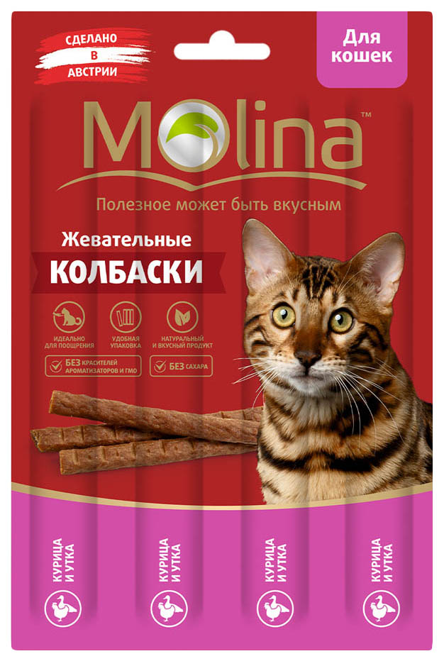 фото Лакомство для кошек molina, жевательные колбаски, курица, утка, 20 г