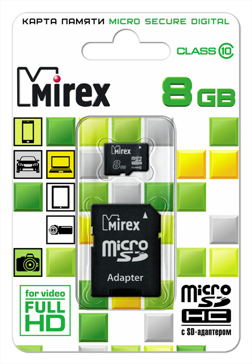 

Карта памяти MIREX Micro SDHC class 10 8GB, microSDHC с адаптером MIREX 8GB class 10