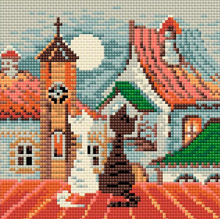 Алмазная вышивка Риолис Город и кошки. Весна, 20x20 см