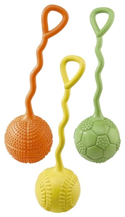 фото Апорт для собак ferplast мячик резиновый с ручкой, зеленый, желтый, оранжевый, длина 22 см