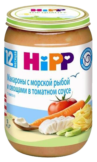 

Пюре мясное HiPP Макароны с морской рыбой и овощами в томатном соусе с 12 мес. 220 г, Макароны с морской рыбой и овощами