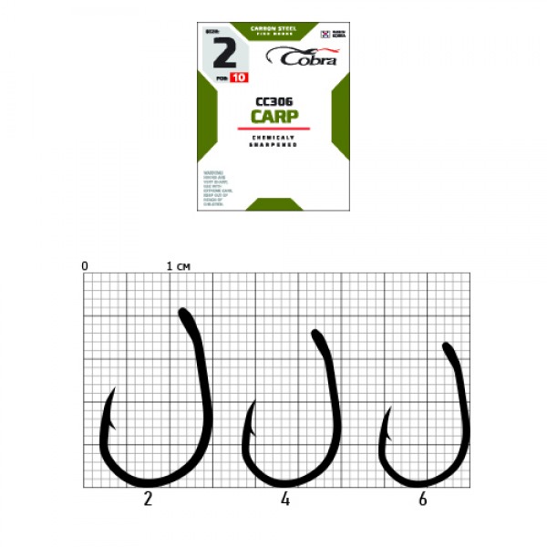 

Рыболовные крючки Cobra Carp CC306 №3, 10 шт., Черный, Carp CC306