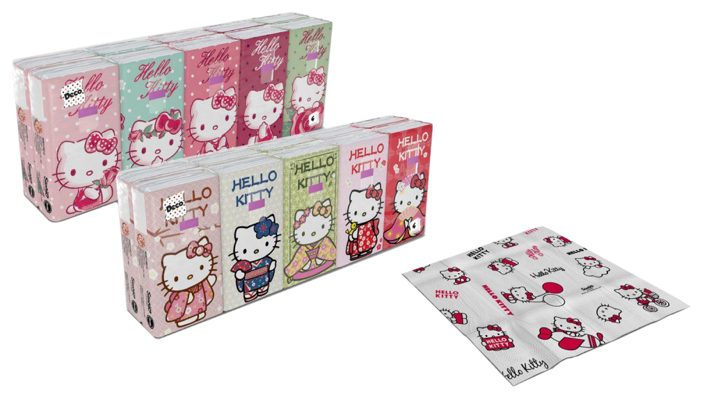 Бумажные платки World Cart Hello Kitty 4-х слойные, 10 пачек, 90 листов, 21х21 см, 238 г бумажные платочки world cart единорог 4 слоя 10 пачек 9 листов 21х21 см