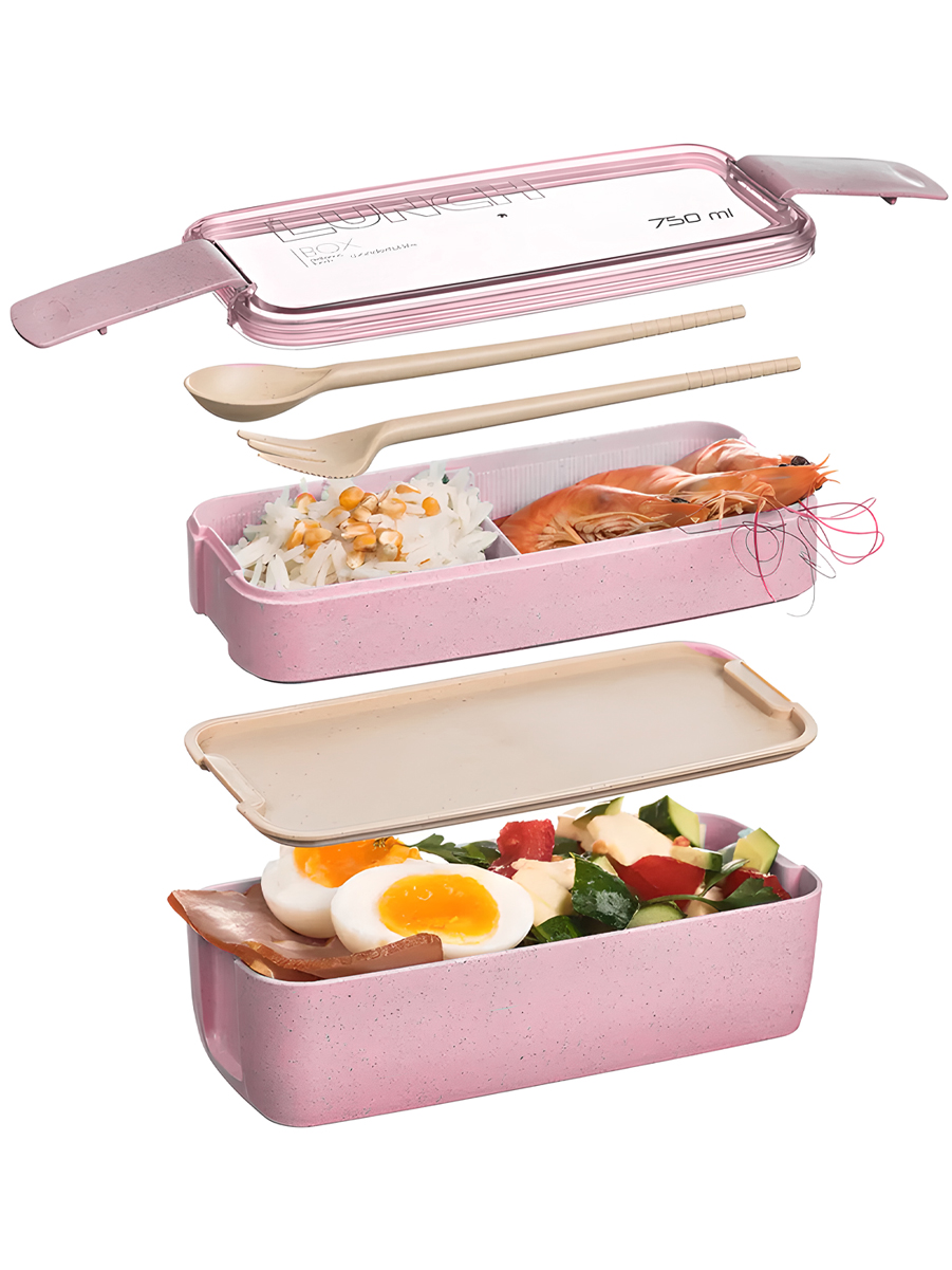 Ланч-бокс контейнер для еды URM 750 мл со столовыми приборами, пластиковый, розовый